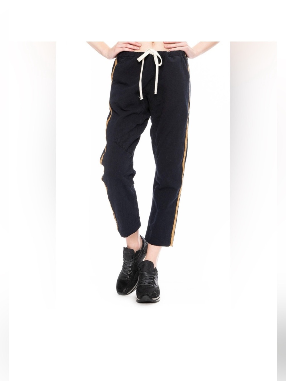 Freecity Casual Drawstring Track Pants with Gold Side Stripe - Black
